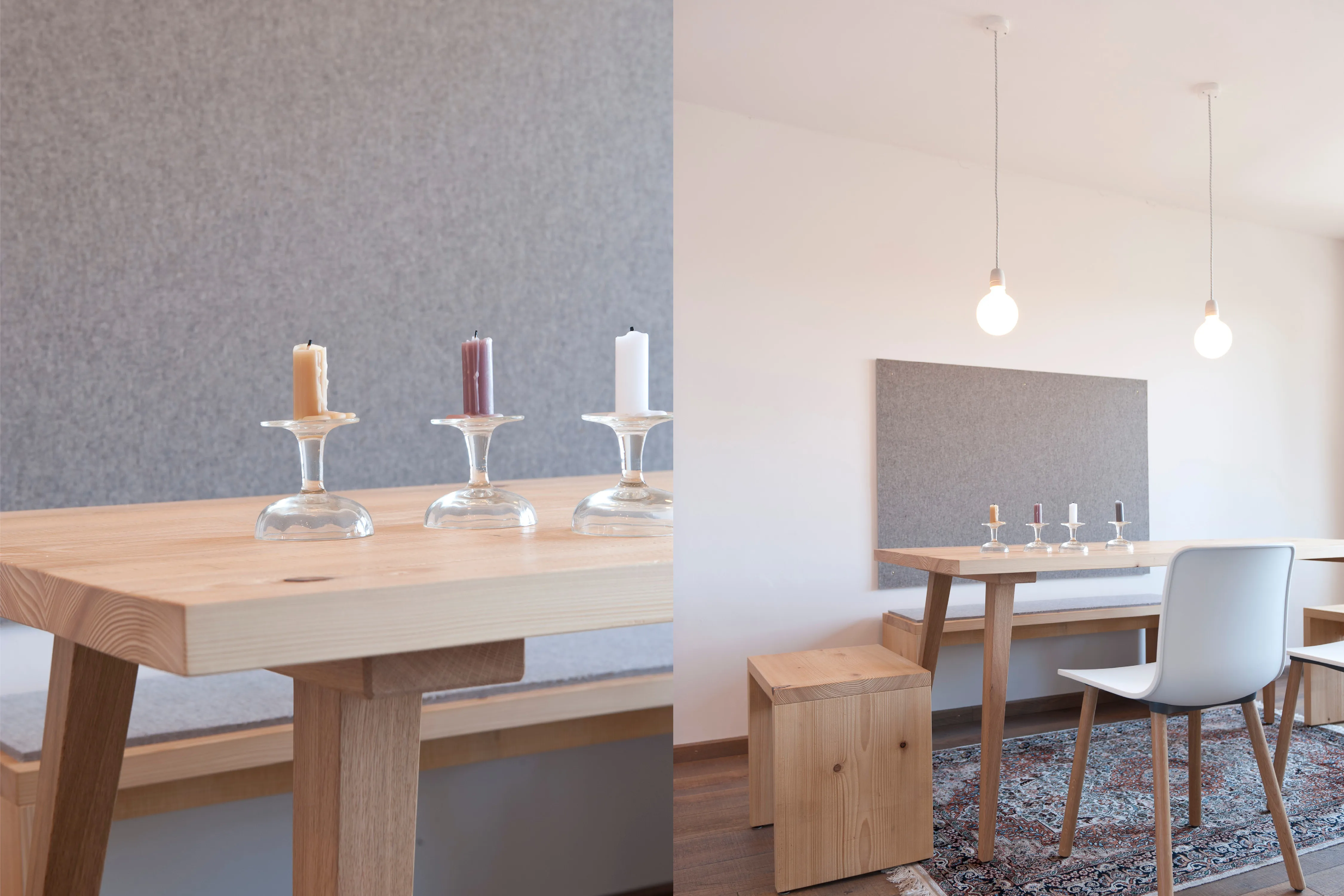 Collage aus Nahaufnahme von Kerzenständern auf einem Massivholztisch und der Ansicht einer modernen Essecke mit Holzbank