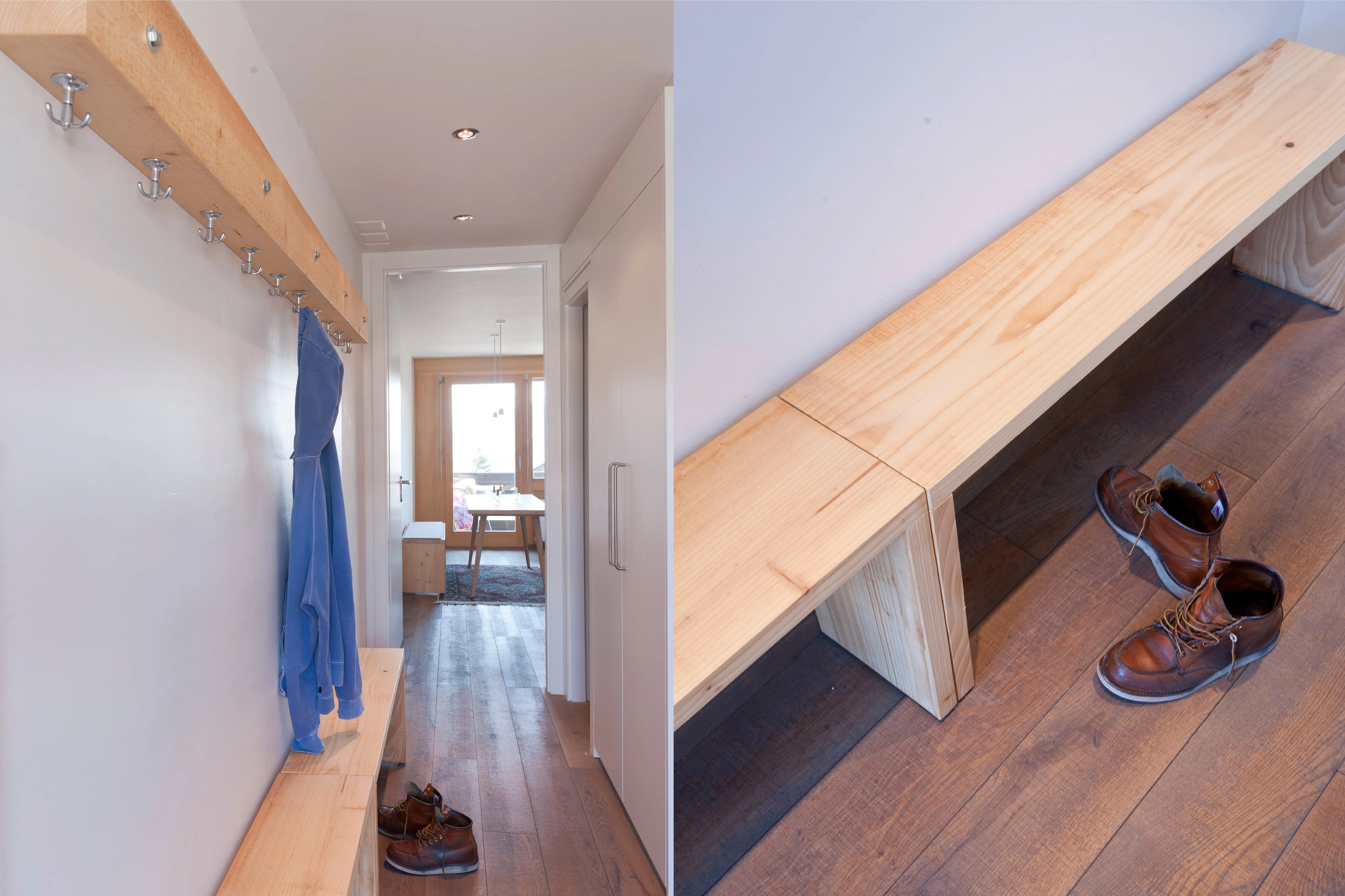 Collage aus Fluransicht mit Holzgarderobe und Wandbank sowie Nahaufnahme der Holzbank mit Lederschuhen darunter