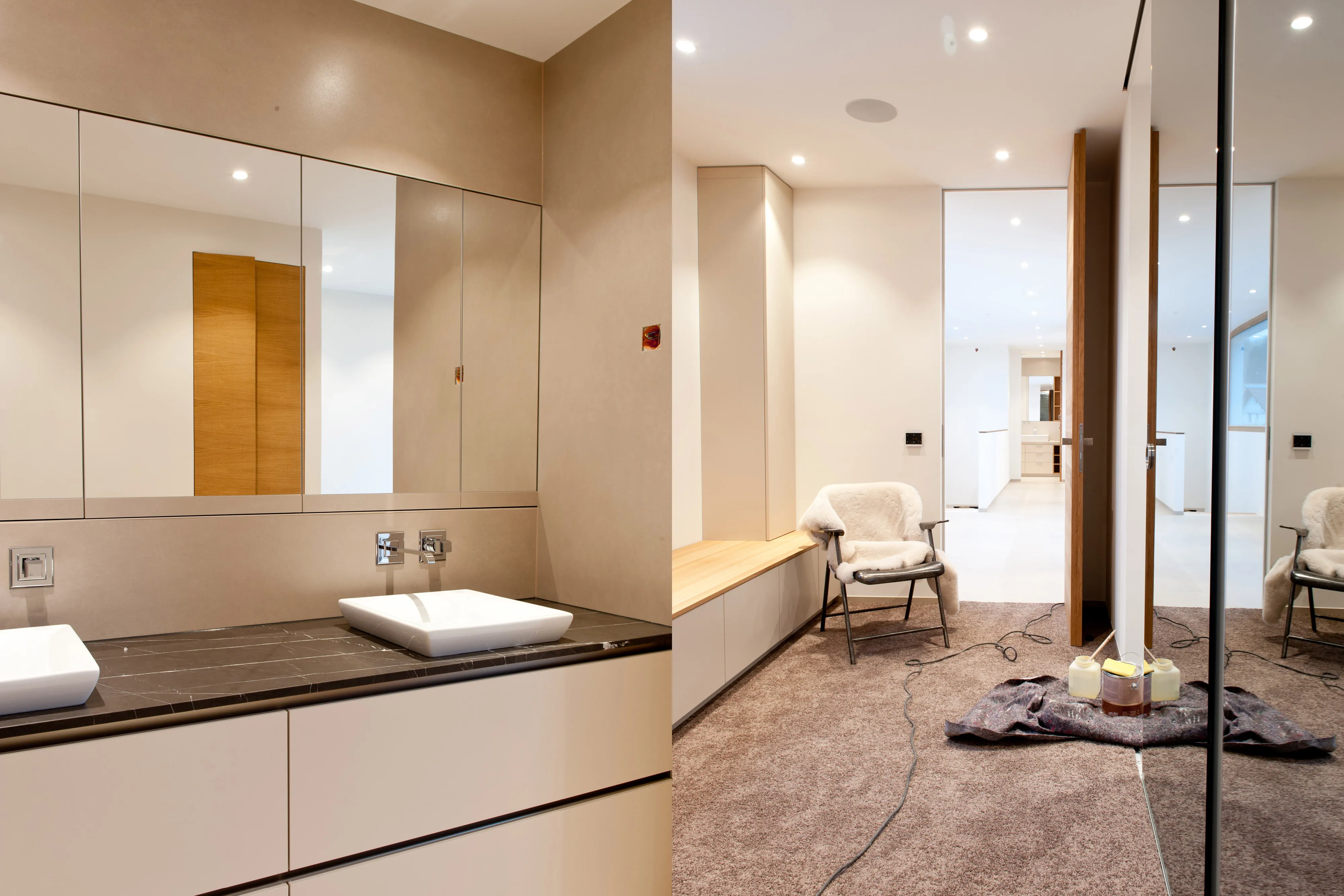 Collage aus modernem Badezimmer mit Doppelwaschtisch und Spiegelschrank sowie der Ansicht des angrenzenden Flurbereichs
