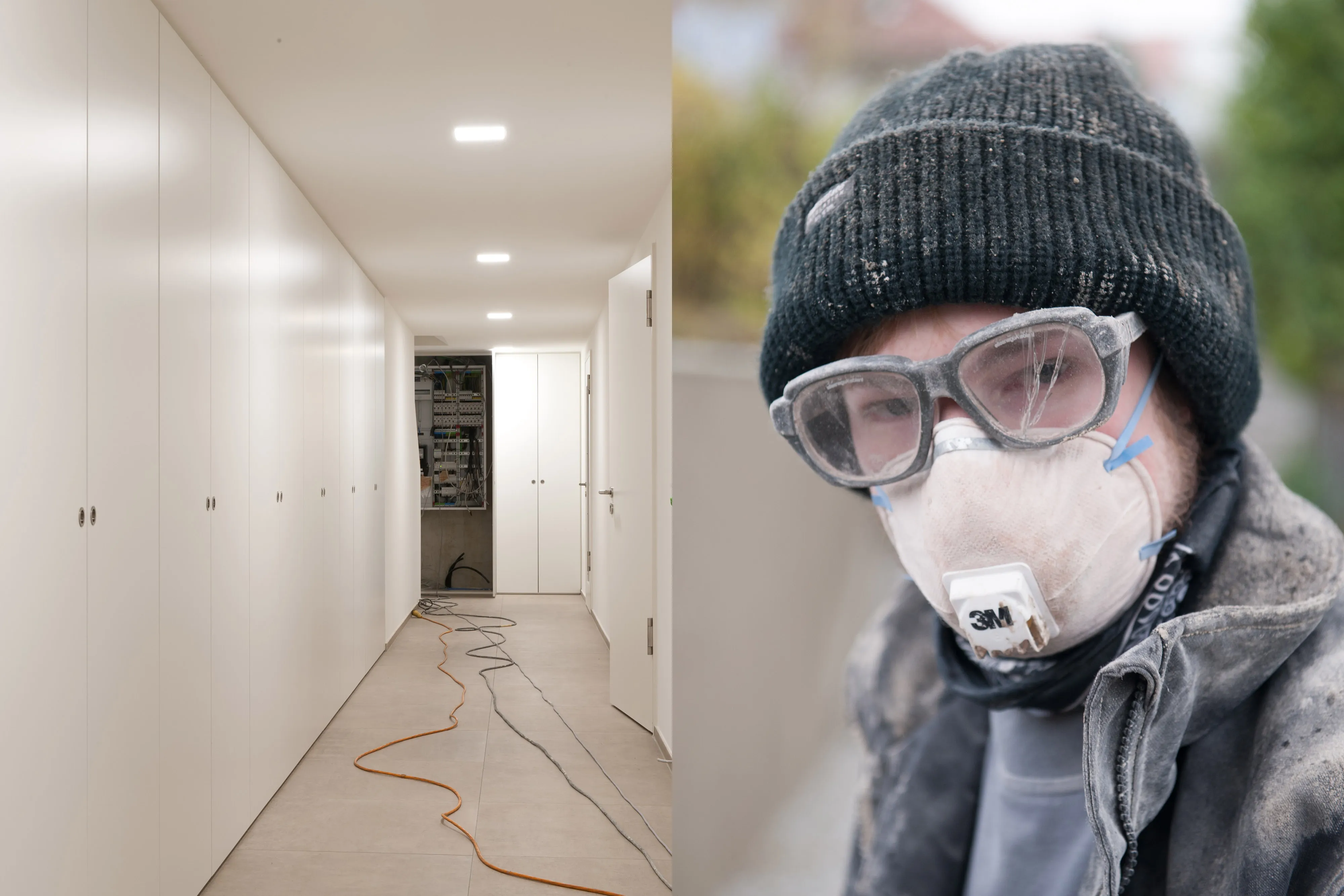 Split-Image von einem langen weißen Flur mit Einbauschränken während der Montage und einem Handwerker mit Schutzbrille und Atemschutzmaske