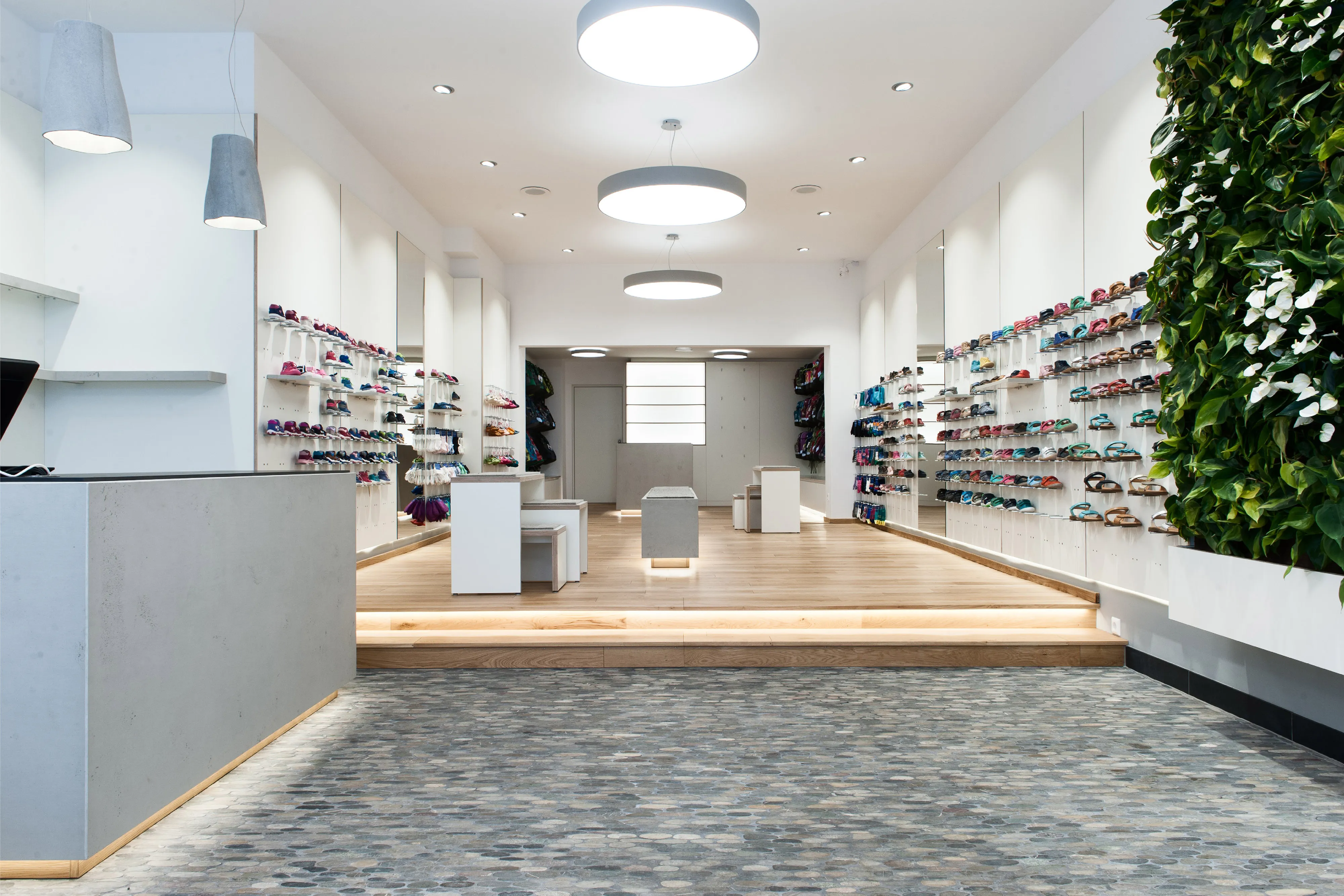 Innenansicht eines modernen Kinderschuhgeschäfts in Freiburg mit hellem Holzboden, minimalistischen Regalen und einer großen grünen Pflanzenwand. Boden des Eingangsbereichs aus gespaltenen Großkieseln.