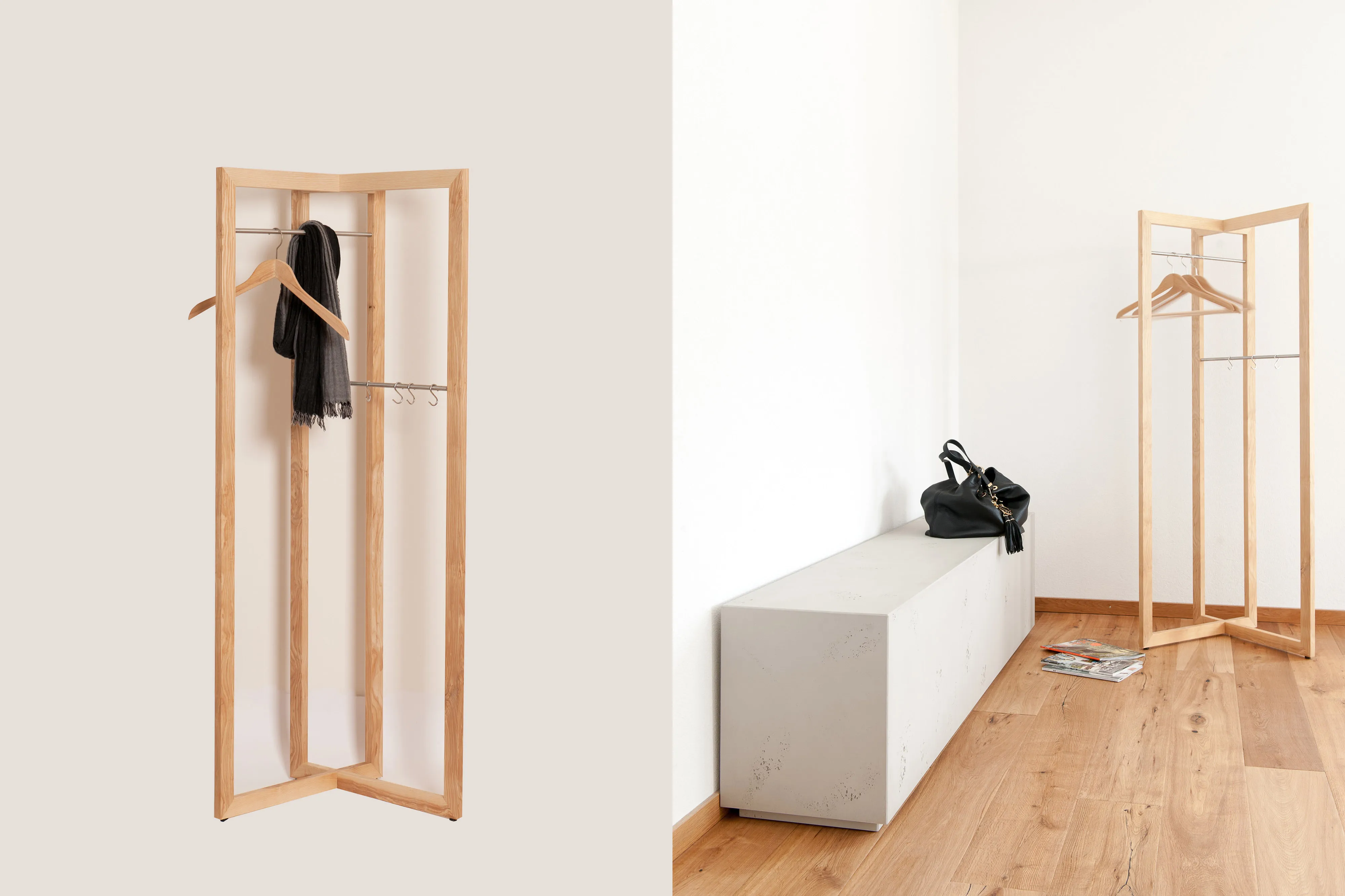 Zweigeteilte Präsentation einer freistehenden, gekappten Eichenholz-Garderobe als Einzelmöbel und in Kombination mit einer Betonbank.